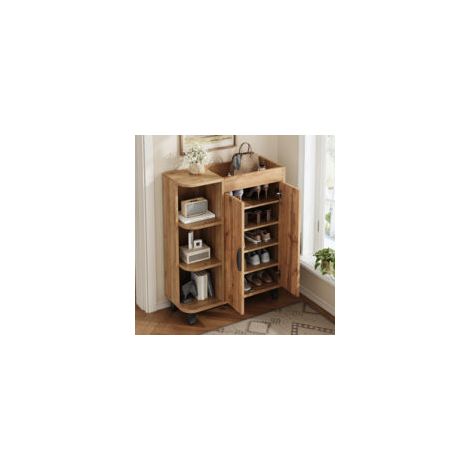 Meuble à chaussures étroit aspect bois clair – 80 x 32 x 99 cm, 2 portes, niches ouvertes, tablette supérieure, pour entrée ou petits espaces – Rangement compact et aéré (1/5)