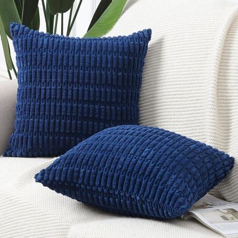 Lot de 2 housses de coussin en velours côtelé rayé boho, douces et décoratives pour canapé ou chambre, bleu foncé 50x50 cm. (1/5)
