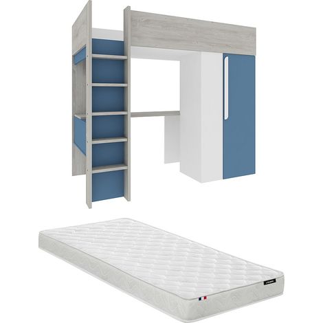 Letto a soppalco 90 x 200 cm con armadio e scrivania Blu e Bianco + Materasso - NICOLAS
