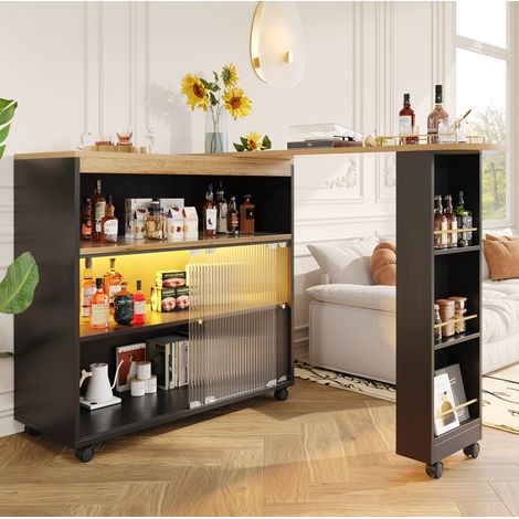 Tavolo bar allungabile in MDF nero con contenitore e LED, 138-204x39x105 cm (1/5)