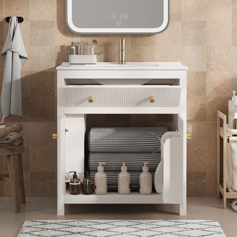 Mueble de lavabo MDF blanco con lavabo cerámico 81x46,5x86,5 cm, 1 compartimento abatible y 1 puerta soft-close