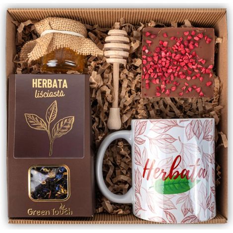 Cesta de regalo con juego de té, taza y bombones. (1/5)
