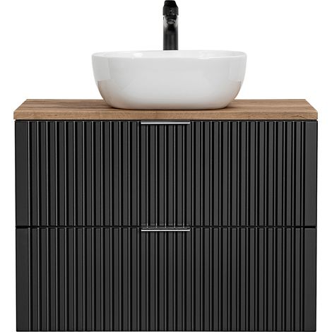 Waschtisch-Unterschrank 80cm mit Keramik Waschbecken ADELAIDE-56-BLACK in matt schwarz mit Eiche Nb., Rillenoptik, B/H/T 80,6/73,7/46,5 cm (1/5)