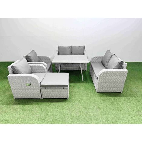 Fimous 7 Seater Rattan Garden Furniture Set Outdoor Love Sofa Set with Rectangular Dining Table Big Footstool Light Grey (1/4)