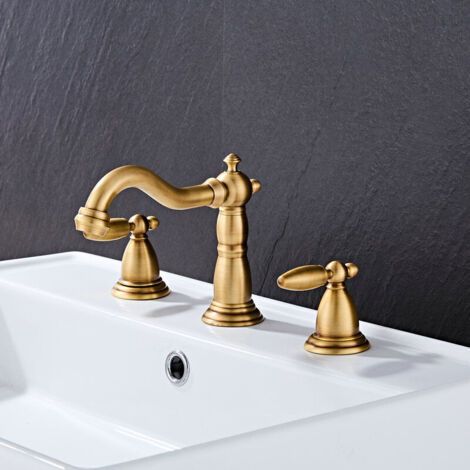 Robinet de salle de bain antique en laiton brossé doré européen , robinet d'eau chaude et froide à double poignée , robinet rétro avec tuyau