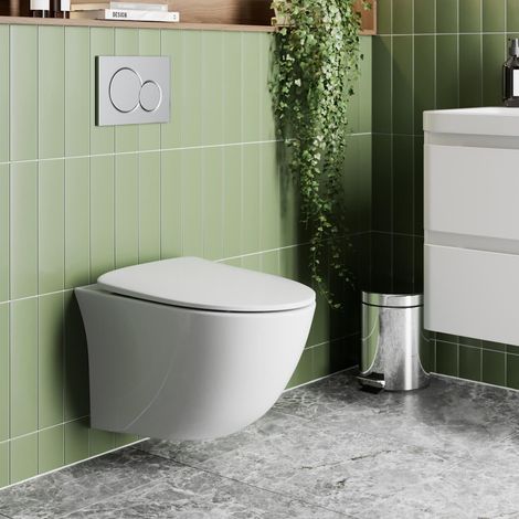 Modern Bathroom Wall Hung Rimless Toilet Pan Soft Close Seat Gloss White (1/4)