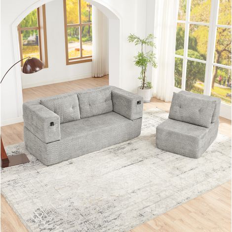 Sofá cama modular 199.0x194.0x39.0 cm, 2 en 1 con sillón plegable y bolsillos laterales, tela gris claro (1/5)