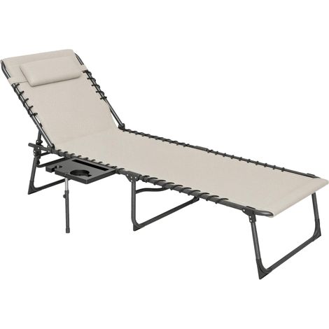 Transat pliant avec dossier réglable, appui-tête, poche latérale, tablette et structure en acier, 190 x 60 x 31 cm, crème (1/5)