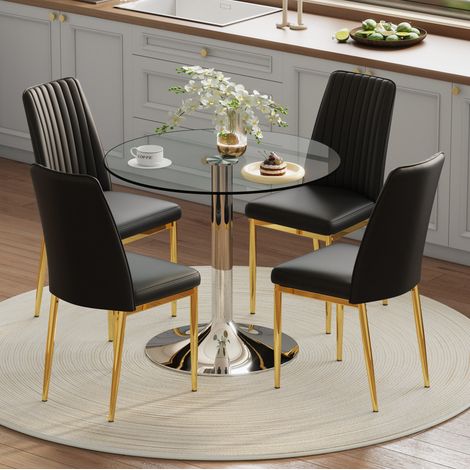 Set tavolo da pranzo rotondo 85x85x76 cm, piano in vetro trasparente, 4 sedie in PU, metallo nero e oro (1/5)