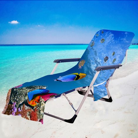 Housse de chaise de plage imprimée poissons tropicaux, en microfibre à séchage rapide, abat-jour de chaise longue avec poches, 73x210cm (1/4)