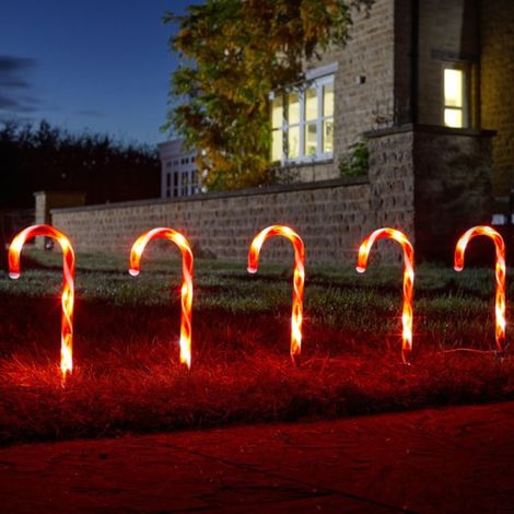 Set of 6 Light up Red & White Stripe Christmas Candy Cane Garden Stakes with LEDs (1/5)