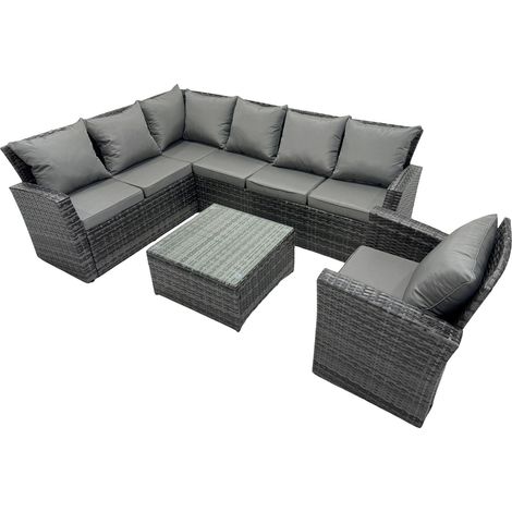 Fimous 7 Sitzer Hoher Rücken Dunkelgrau gemischt rattan Ecksofa set Sessel Quadratischer Couchtisch Gartenmöbel Linke Option