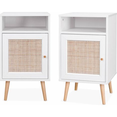 Lot de 2 tables de chevet en cannage - Bohème - 40x39x65.8cm Blanc - 2 niveaux - 1 portes - 1 espace de rangement - pieds scandinaves