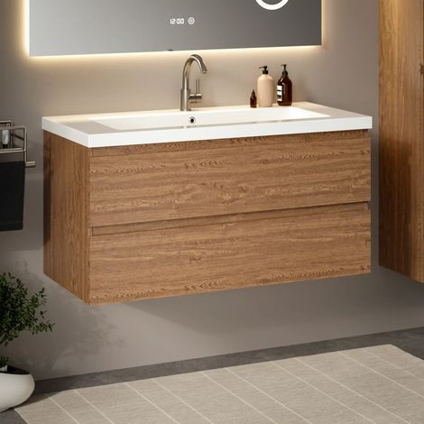 Badezimmermöbel Sena – 100 cm – Warm eiche – Weißes Waschbecken (1/4)