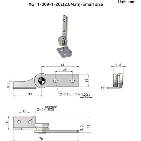 (Petit - (2,0 N.m) - L) Lot de 2 pièces - Charnière pivotante à butée libre, en acier inoxydable, à positionnement angulaire quelconque, charnière en L avec amortissement pour équipement médical (1/5)