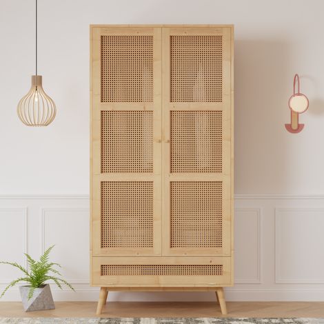 Armoire 2 portes pour chambre, penderie intégrée, étagères avec compartiment à couvercle basculant, panneaux en particules et rotin PE naturel, meuble de salon.