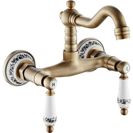 Robinet bronze mural en laiton avec double poignées en céramique Rotation 360 ° Robinet pour cuisine mural vintage support chaud et froid renforcé (1/5)