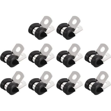 (E, Black) 20-Piece 6mm 304 Stainless Steel Rubber Cushioned Insulated Rigid Fencing Strap Clip for Tube and Pipe Fixing (1/4)