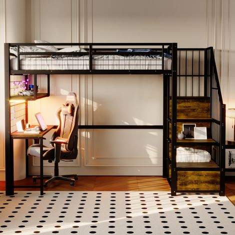 Lit mezzanine métal 90×200cm noir,bande LED et prise charge,échelle rangement,armoire,étagères,bureau et étagère filet,lit polyvalent