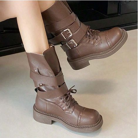 Bottes femme 2025 à talons mi-hauts, boucle ceinture style britannique, bottines moto rétro à talon épais, chaussures cavalière chevalier (1/5)