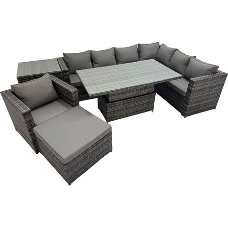 Fimous 8 Seater Rattan Height Adjustable Rising Lifting Table Corner Sofa Sets with Chair Big Stools Side Table Dark Grey Mixed (1/5)