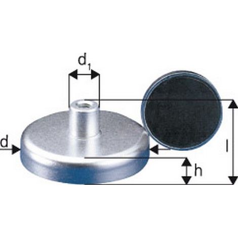 Imán plano con manga roscada, Ø d : 40 mm, altura total l 18 mm, altura Imán h 8 mm, Ø de la manguito d1 : 10 mm, Agujero : M5