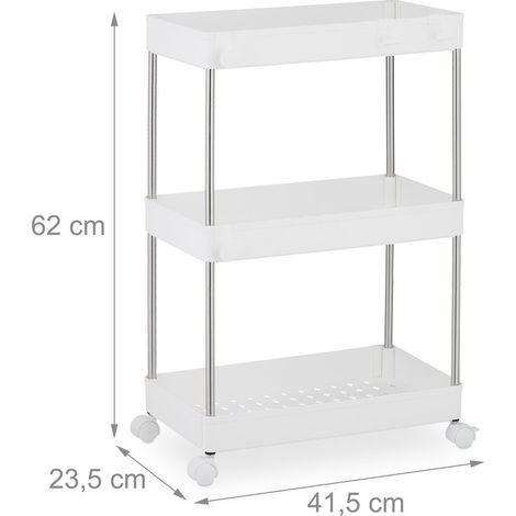 Chariot de rangement à roulettes polyvalent cuisine salle de bain 3 niveaux 90 x 30 x 80 cm en métal blanc (1/4)
