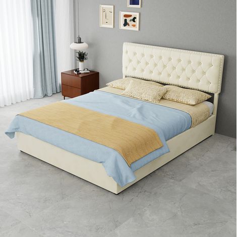 DESVIAE Lit coffre en tissu beige 140 x 200 cm avec tête de lit haute sommier à lattes rangement sous le lit structure métal (1/5)