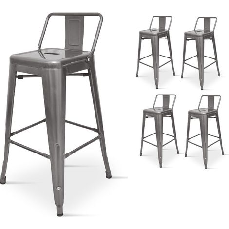 Set mit 4 Barhockern aus rohem Metall verzinkter Industriestil - Mit Rückenlehne - Höhe 76 cm