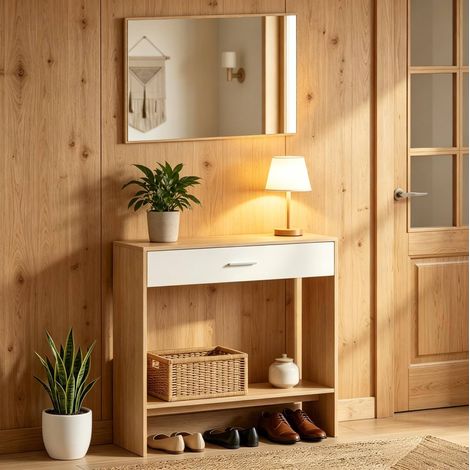 Console d'entrée 91,5x27,9x85,5 cm en bois chêne/blanc, avec rangement pour entrée FloraGrace (1/5)
