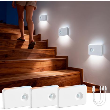 Lot de 3 lampes d'escalier sans fil à détecteur de mouvement - Veilleuse LED adhésive rechargeable RGBW - Idéale pour les escaliers, les placards, les couloirs et la salle de bain (1/4)