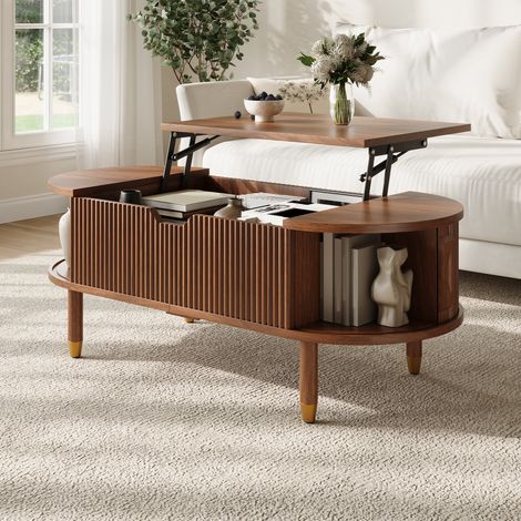 Table basse relevable ovale 110x48x57 cm MDF finition noyer rangement coulissant - CHICFURN (1/5)