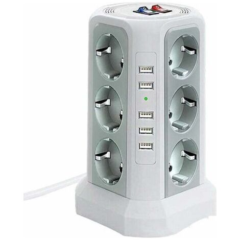 Multiprise tour parafoudre 12 prises CA et 5 ports USB – Protection 1500J – Câble 2m avec interrupteurs indépendants – Blanc (1/5)