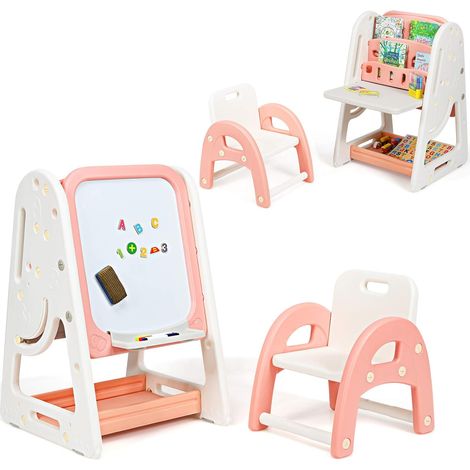 Cavalletto per Dipingere 2 in 1 Multifunzione per Bambini Altezza Regolabile, Libreria Bambini Lavagna Doppia Faccia , con Sedia e Accessori (Rosa-Arancione) (1/5)