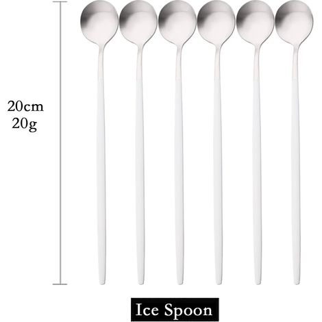 Cuillères à long manche mates (couleur argent, lot de 6) pour remuer les boissons, couverts en acier inoxydable