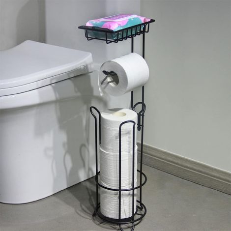 Porte Papier Toilette sur Pied Noir, pour Salle de Bains avec Distributeur et Rangement, Distributeur pour 3 Rouleaux de Rechang (1/5)