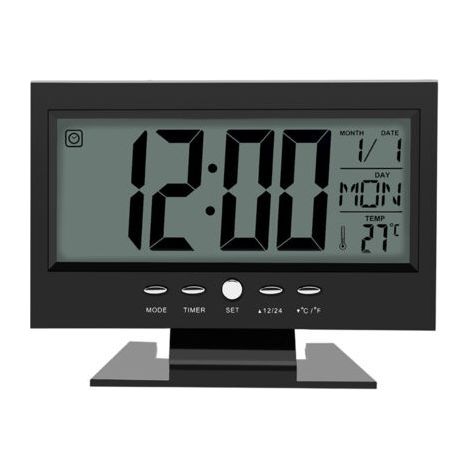 Réveil de bureau avec capteur de son numérique LCD, avec calendrier et affichage de la température, noir (1/5)