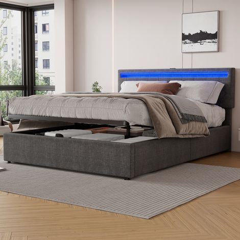 Bett Polsterbett Stauraum 160x200 Leinen Grau OKMYHOME (1/5)