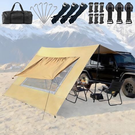 2,8 x 4,8 m Auvent de Caravane Tente de hayon Camping Car, Bus, Van, étanche et Protection Solaire Voile d'ombrage Universelle Tente de Voiture Store avec fenêtre d'écran (1/5)
