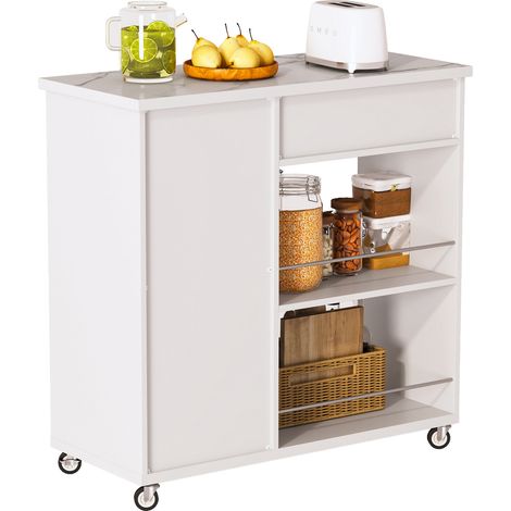 Weißer Küchenwagen mit Marmoroptik-Platte, Schublade, Schrank, Regalen und Rollen (1/5)