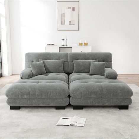 Canapé modulaire en chenille grise avec 2 ottomans mobiles, style cloud et larges accoudoirs arrondis (1/5)