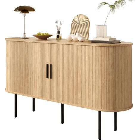Aparador con 2 Puertas de Persiana Corredera, Tiradores de Aluminio y Patas de Hierro, en MDF, 140×40×78 cm, Natural (1/5)