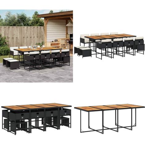 Set comedor de jardín con cojines 13 pzas ratán sintético negro - Sillas de jardín - Cojines para sillas