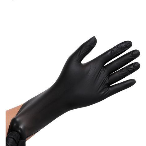 100-teiliges Set schwarzer PVC-Schutzhandschuhe mit Gummibändern für Gastronomie und Reinigung.