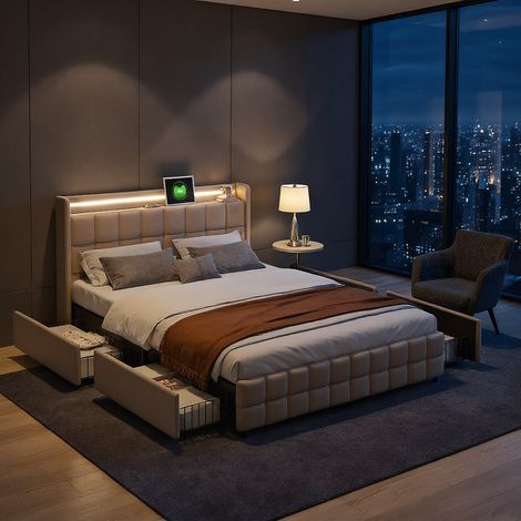 Lit rembourré 160x200 avec éclairage LED et port USB, 4 tiroirs, tête de lit en lin, sommier à lattes, beige – lit coffre, cadre de lit 160x200