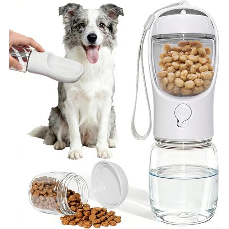 Borraccia portatile 2 in 1 per cani, ideale per viaggi ed escursioni (bianca, 350 ml), con contenitore per alimenti da 100 g, doppio design a prova di perdite, senza BPA, facile da usare. (1/5)