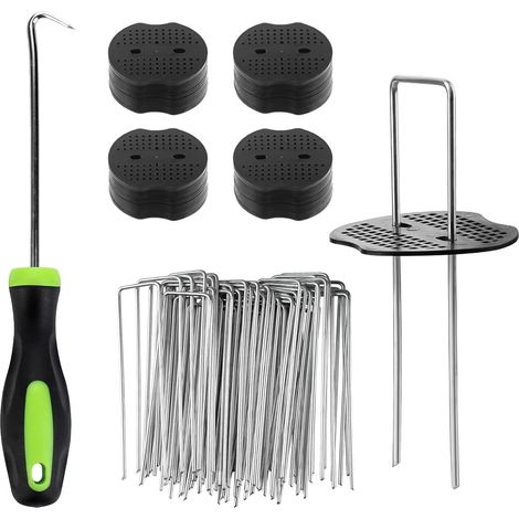 Lot de 50 Piquets de Fixation pour Jardin – 150 x 37 mm Piquets en Acier Galvanisé Forme de U avec 50 Rondelles et 1 Crochet, pour Toile de Paillage, Grillage et Gazon Artificiel (1/5)