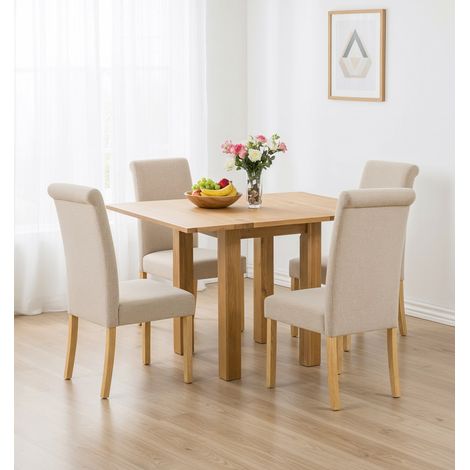 Hallowood Furniture Waverly Small Folding Dining Table and Chairs Set 4, Light Oak Kitchen Table and Roll Top Cream Linen Fabric Dining Chairs, Modern Furniture Set Perfect for Home and Cafes (1/5)