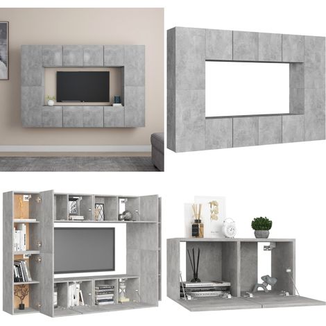 Set de muebles de salón 8 pzas madera ingeniería gris hormigón - Muebles de TV - Armario estéreo