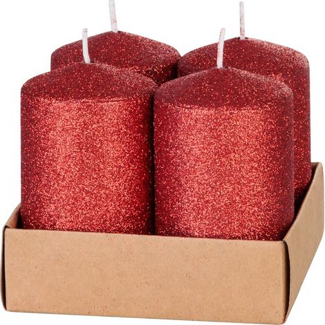 Kerze MagicHome Weihnachten, 4,8x8 cm, zylindrisch, Packung 4 Stk., rot, mit Glitzer, Advent (1/2)